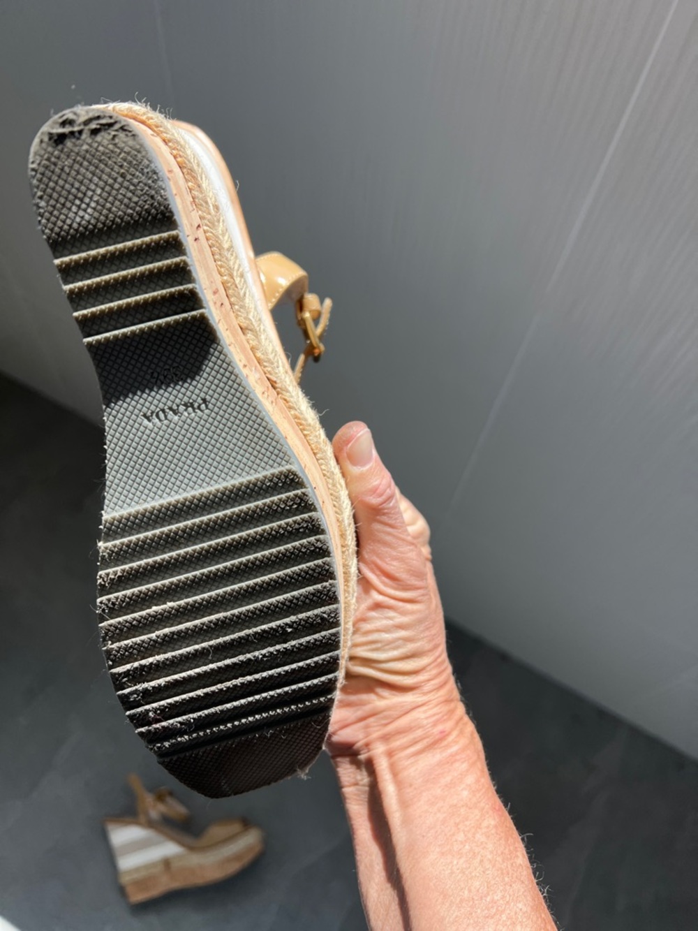 Prada Nude Patent Leather Espadrille Wedge Sandals - Picture 7 of 7